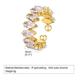 Detail of IP gold plated stainless steel ear cuff with marquise AAA cubic zirconia