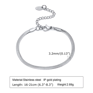Detail of silver stainless steel snake chain bracelet with size specs and lobster clasp