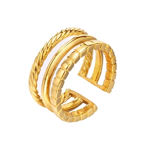 Three-layer golden titanium steel open ring with braided and textured geometric bands