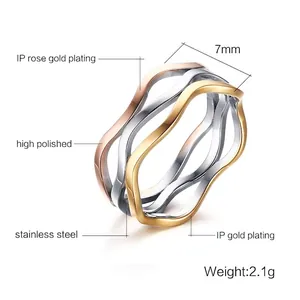 Polished multilayer stainless steel wave ring in gold, silver, and rose gold finishes