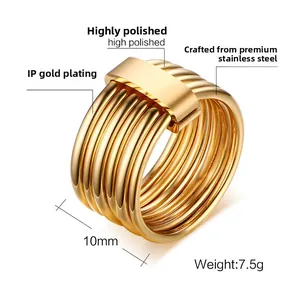 Detailed close-up of 10mm wide gold multi-layer stainless steel ring with IP plating