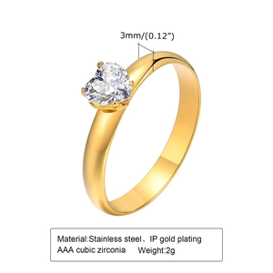 Anello in acciaio inossidabile dorato con zircone AAA a cuore e fascia da 3mm