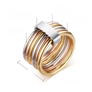 Macro shot of 10mm wide multi-layer stainless steel ring with gold and silver bands
