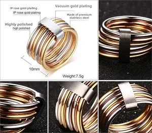 Macro detail of polished stainless steel multi-band ring in gold and rose gold plating