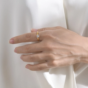 Anello in acciaio inossidabile dorato lucido con zircone a cuore sulla mano di modella