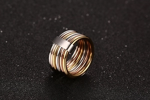 Detail of multi-layered stainless steel ring with gold, silver and rose gold finish