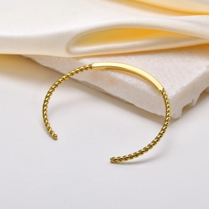Bracelet jonc ajustable en acier doré avec torsade et plaque lisse de haute qualité
