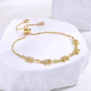 Adjustable Brass Gold Plated Cubic Zirconia Bracelet For Women Minimalist Leaf Heart Heartbeat Fashion Jewelry Gift