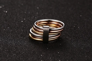 Detail showing gold, silver, and rose gold rings linked by a wide grey metal fastener