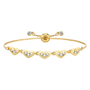 Adjustable gold heart bracelet with five pavé-set heart charms and box chain link