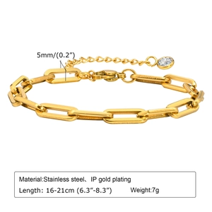 Gold stainless steel rectangle link chain bracelet with cubic zirconia charm for women