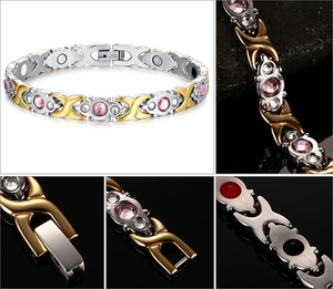 Detail of titanium steel magnetic therapy bracelet with pink crystals and fold-over clasp