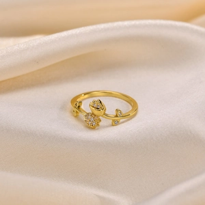 French Retro Tulip Branch Leaf Open Ring For Women Adjustable Copper 18K Gold Plated AAA Zirconia Flower Finger Ring Jewelry