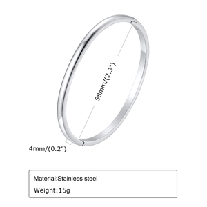 Polished silver stainless steel open bangle bracelet with 58mm diameter and 4mm width