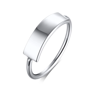 Minimalist polished silver titanium steel ring with rectangular plate for engraving