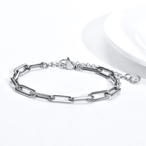Close-up of silver paperclip chain bracelet with lobster clasp and crystal charm