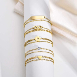 Bracciale a Doppio Strato in Acciaio Inossidabile per Donna Placcato Oro Cuore Infinito Fiore Ciondolo Zirconia Gioielli Regalo
