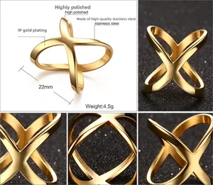 Macro detail of high polished X-shaped stainless steel ring with vacuum gold plating finish