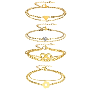 Braccialetti dorati a doppio strato con ciondoli cuore, infinito, fiori e zirconi