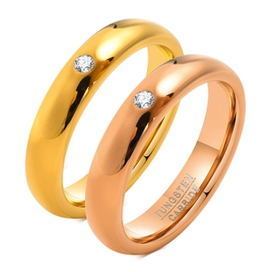 Polished 4mm tungsten carbide rings in gold and rose gold with single cubic zirconia