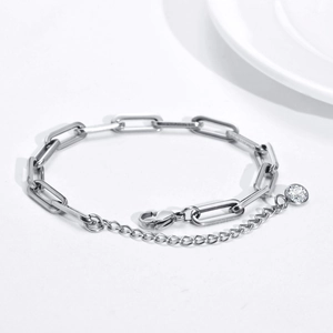 Sleek stainless steel paperclip chain bracelet with a sparkling cubic zirconia pendant
