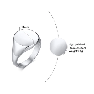 Detailed macro view of 14mm wide high polished silver stainless steel signet ring surface