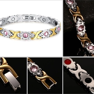 Women's magnetic stainless steel health bracelet with gold-tone XO links and crystals