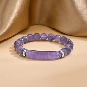 Bracciale con Perline di Ametista Naturale Con Tubo Curvo in Acciaio Inossidabile Bracciale Elastico Viola Pietra Preziosa Gioielli