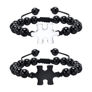 Adjustable black agate beaded puzzle piece couple bracelets with woven rope strap