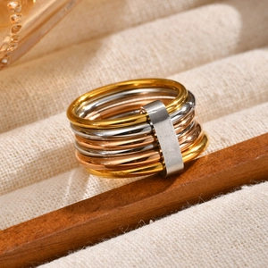 Polished stainless steel stacked rings set in gold, silver and rose gold finishes