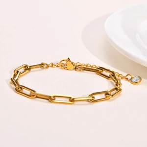 Detail of golden paperclip chain bracelet with lobster clasp and zircon stone charm
