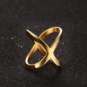 Polished gold-plated crossover X-shaped stainless steel ring with a modern geometric design