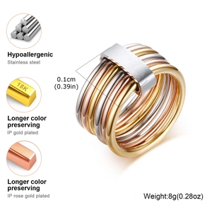 Three-tone stainless steel multi-layer ring in gold, silver, and rose gold finishes