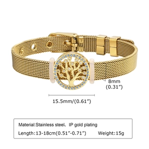 Détails du bracelet en maille arbre de vie doré avec dimensions et pierres bleues