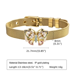 Détails du placage à l'or IP et dimensions du bracelet papillon avec maille en acier
