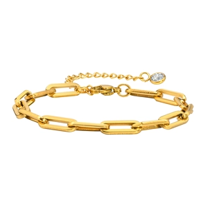 Golden titanium steel paperclip link chain bracelet with lobster clasp and zircon drop
