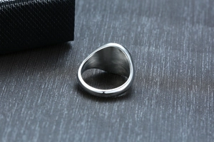 Macro view of minimalist stainless steel ring with brushed texture inner and polished edge