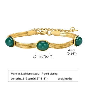 Detail of 4mm gold snake chain with green oval zircons and dimensional measurements