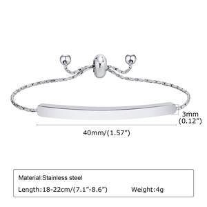Macro shot of adjustable stainless steel bar bracelet with polished finish and fine chain