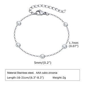 Stainless steel bracelet with five 5mm AAA cubic zirconia stones on 16-21cm adjustable chain