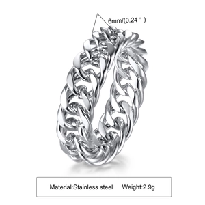 Bague chaîne cubaine en acier inoxydable argenté poli pour femme largeur 6mm