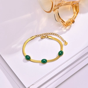 Stainless Steel Emerald Green Rhinestone Bracelet For Women Gold Plated Oval Geometric Herringbone Chain Adjustable Fashion Jewelry