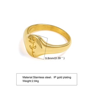 Anello a sigillo in acciaio inossidabile placcato oro con rosa incisa per donna