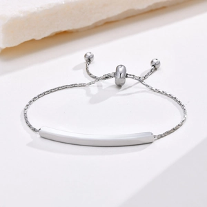 Polished stainless steel bar chain bracelet with adjustable slider clasp in silver tone