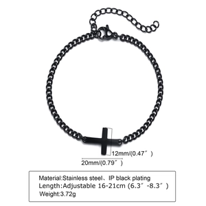 Minimalist black stainless steel bracelet with horizontal cross pendant and dimensions detail