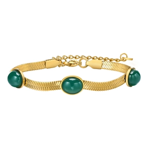 Golden stainless steel snake chain bracelet with three oval green emerald zircons
