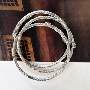 Three-piece stainless steel cable wire open bangles with silver polished ball ends