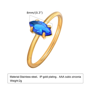 Macro detail of marquise blue zircon ring showing 8mm stone size and gold plated band