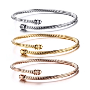 Three-piece stainless steel cable wire open bangles in silver, gold, and rose gold finish