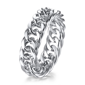Bague chaîne cubaine en acier inoxydable poli argenté avec un design géométrique ajouré